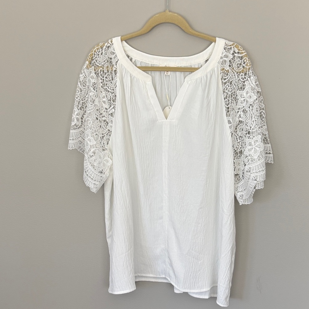 Women's White Lace-Sleeve Blouse - Airy V-Neck Top